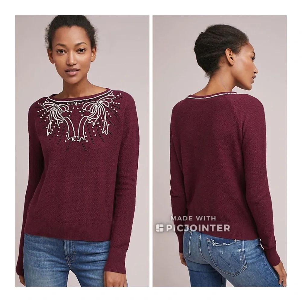 Field Flower Pearled Bow Sweater Raspberry S Anthropologie